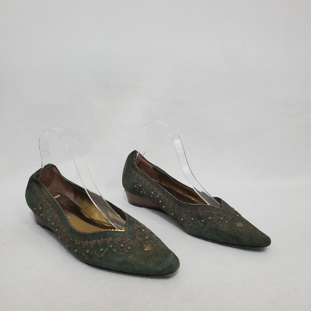Donald Pliner Couture Green Suede Studded Wedge Flats